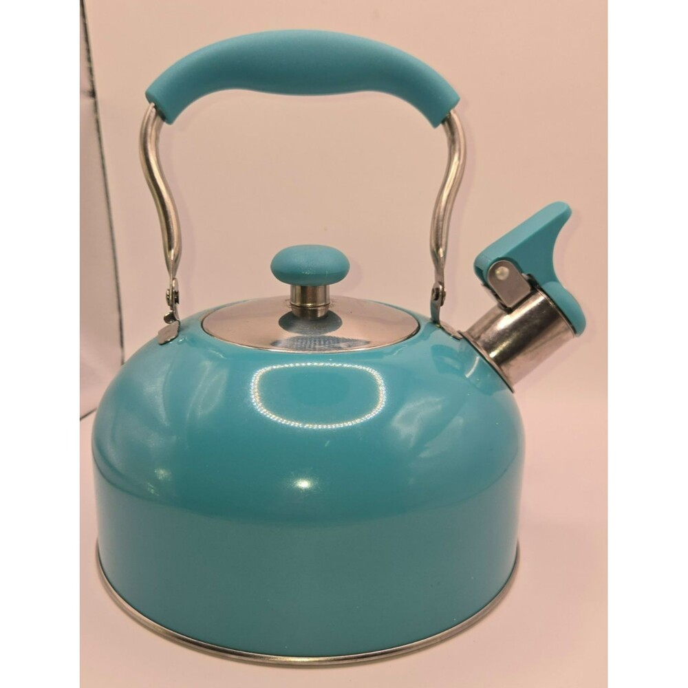 Vibrant Teal / Turquoise Whistling Tea Kettle – Stainless Steel Base (1.5–2 Qt)